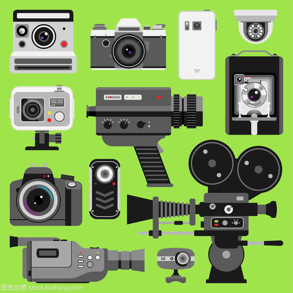 照片视频矢量摄像机工具光学镜片设置。不同类型的照片目标复古视频设备, 专业影视制作技术。数码老式技术电子相机设备
