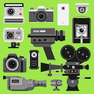 相机照片光学镜片设置不同类型目标复古摄影设备专业外观矢量插图